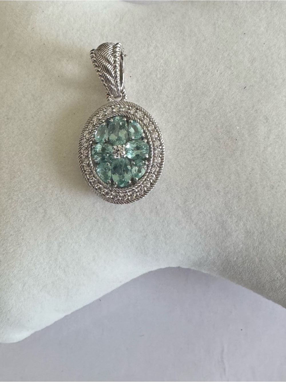 Judith Ripka 925 Silver Oval Aquamarine Cluster Pendant w/Surrounding Diamonique - Picture 4 of 8